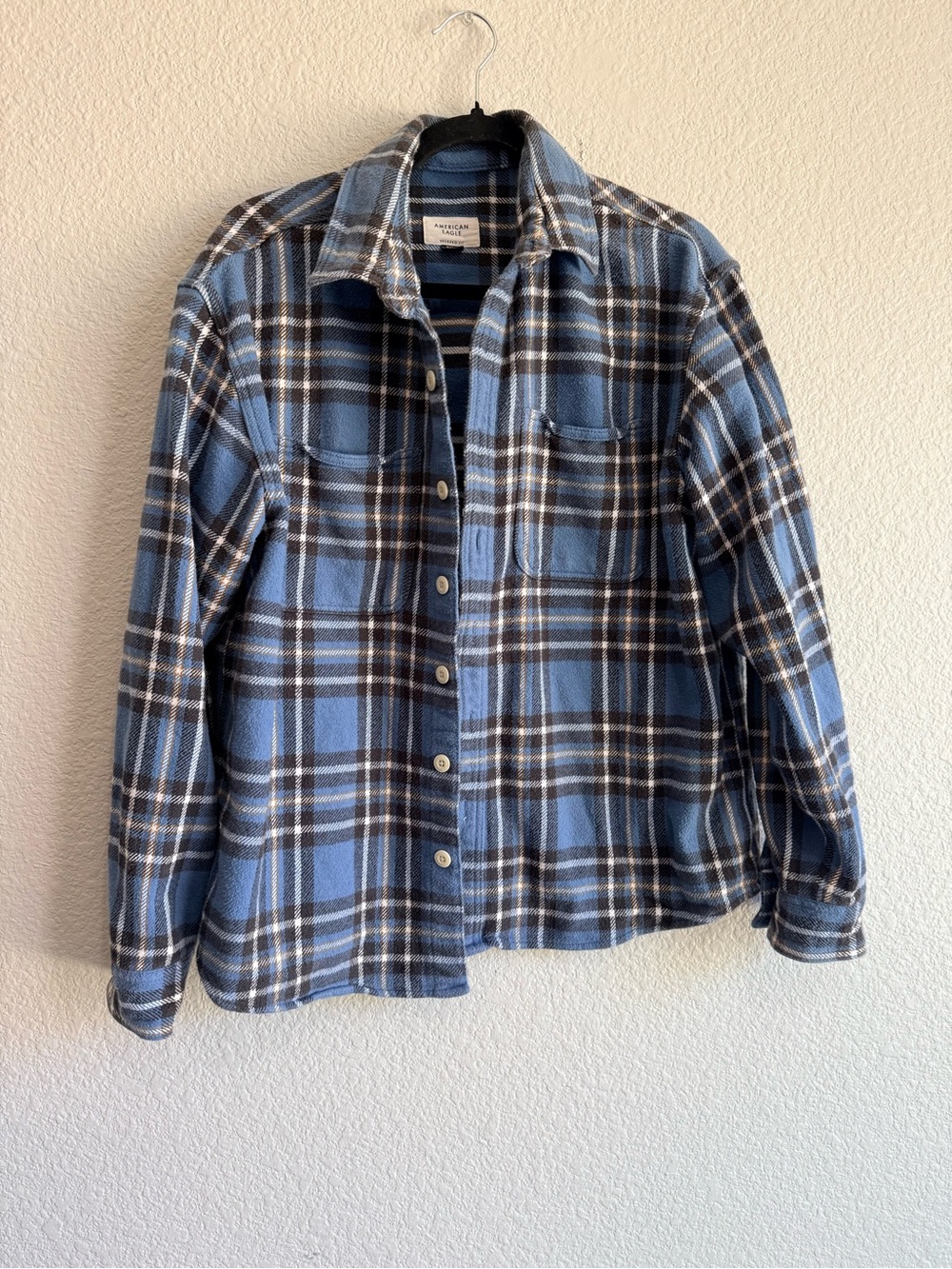 American Eagle men’s Light Blue Plaid Button-Up medium but I wore as a Shacket